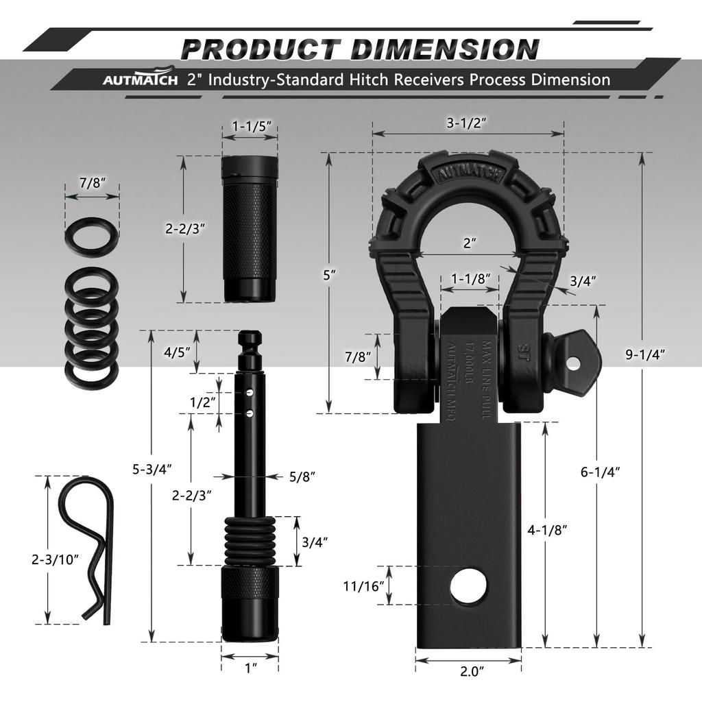 AUTMATCH Shackle Hitch Receiver with and Mega Shackles and Trailer Hitch Lock Vehicle Recovery Receiver Kit with a kg Break Matte Black Mega Shackle