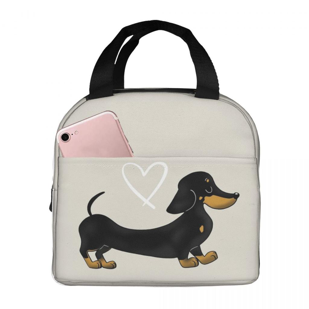 Perro Salchicha de Dibujos Animados con Corazón de Amor Bolsa de Almuerzo Aislada para Mujeres Niños Cajas de Comida Portátiles Fiambrera Térmica Bolso de Mano