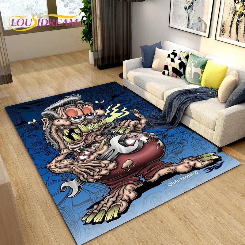 Tappeto Area Cartone Animato Divertente Rat Fink, Tappeto per Soggiorno Camera da Letto Garage Divano Decorazione Zerbino, Tappetino Antiscivolo da Gioco per Bambini