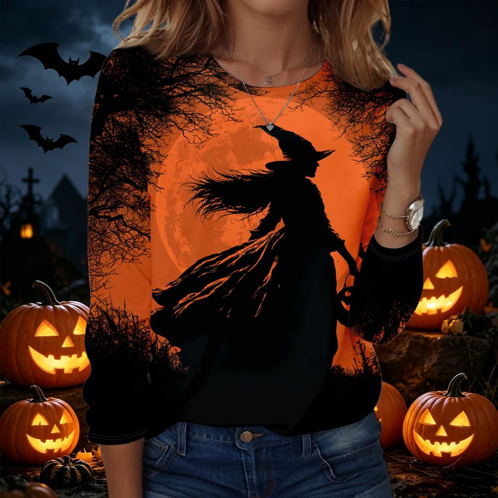 Womens Halloween Pullover Sweatshirt Long Sleeve Crewneck Top Casual Printed Blouse Lightweight Comfortable Fit