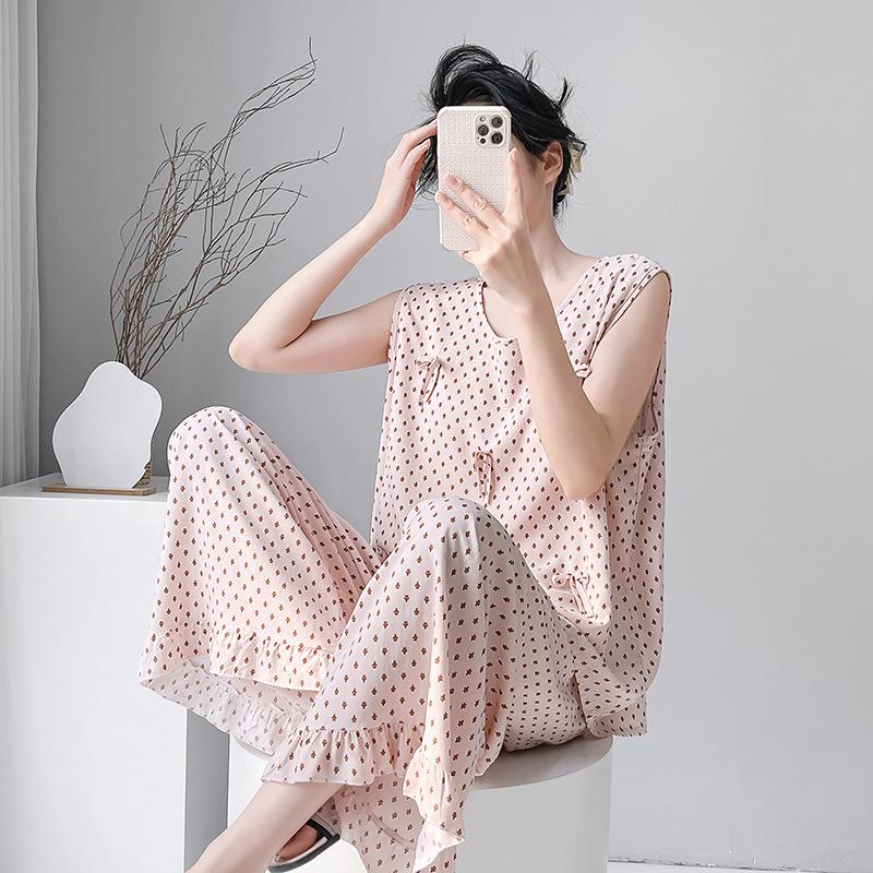 Summer Crew Neck Sleeveless Vest Two-piece Set Cotton and Silk Pajamas Women's Summer Cotton Silk Women's Summer Suit Dress