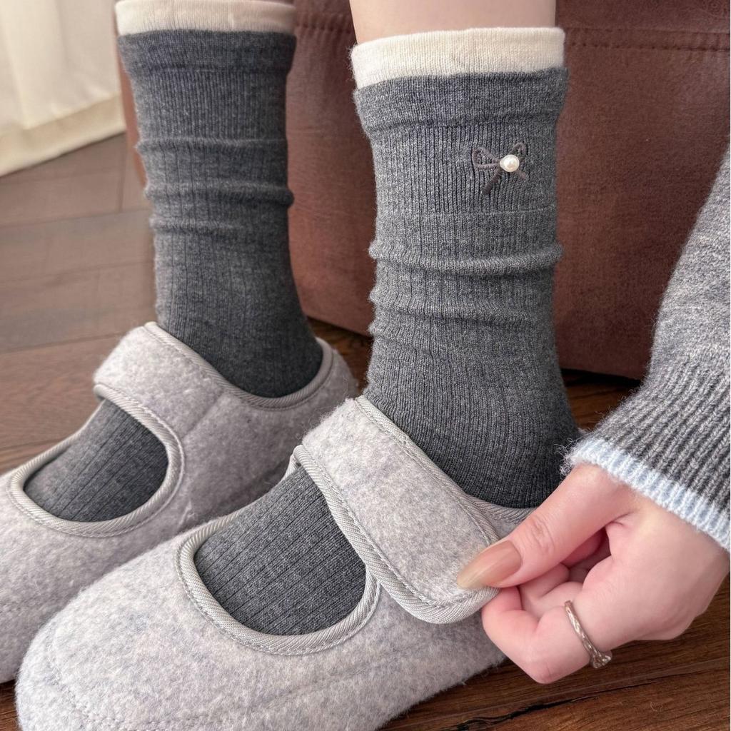 Cashmere Socks Women'S Korean Double Luo Mouth Contrasting Color Medium Tube Socks Pearl With Bow Embroidery Stacking Socks
