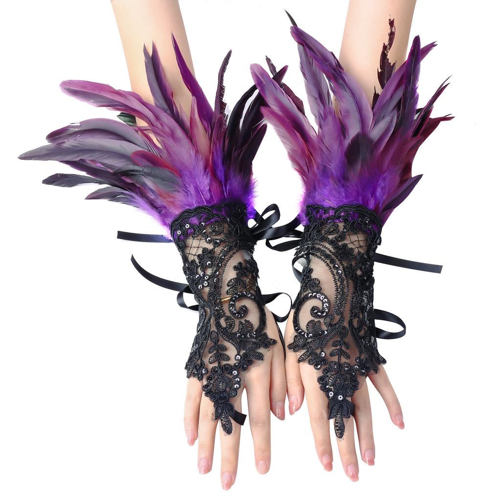 1 pair of Halloween feather fingerless gloves-black lace arm cuffs for parties and dance events