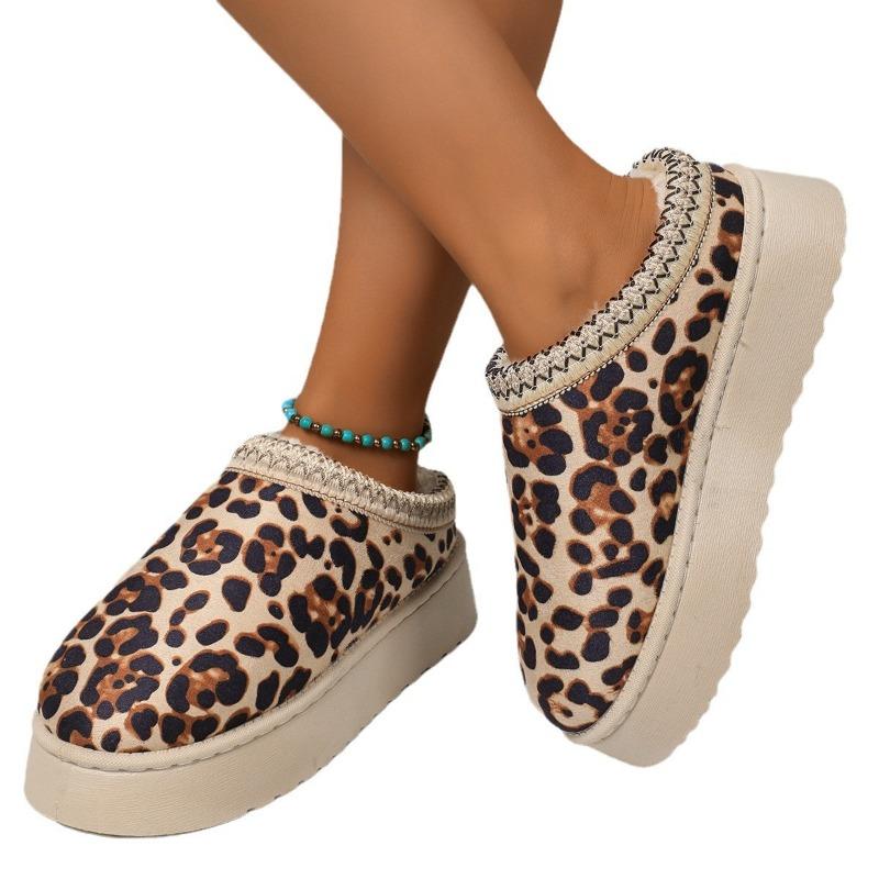Large size women's autumn and winter new leopard print lace wind fashion snow boots half drag cotton shoes thickened cotton shoes