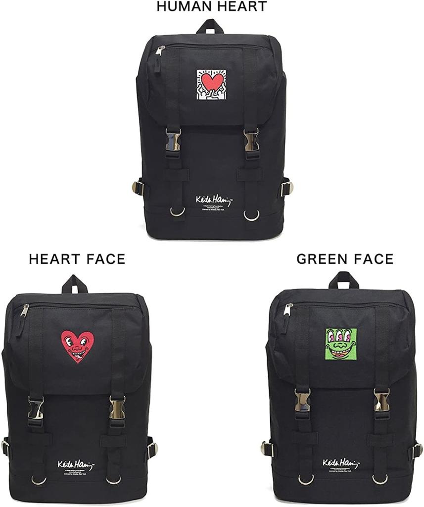 Backpack with embroidery in black and white (Keith Haring) for men and women, stylish, large capacity, suitable for outdoor activities (Human Heart)