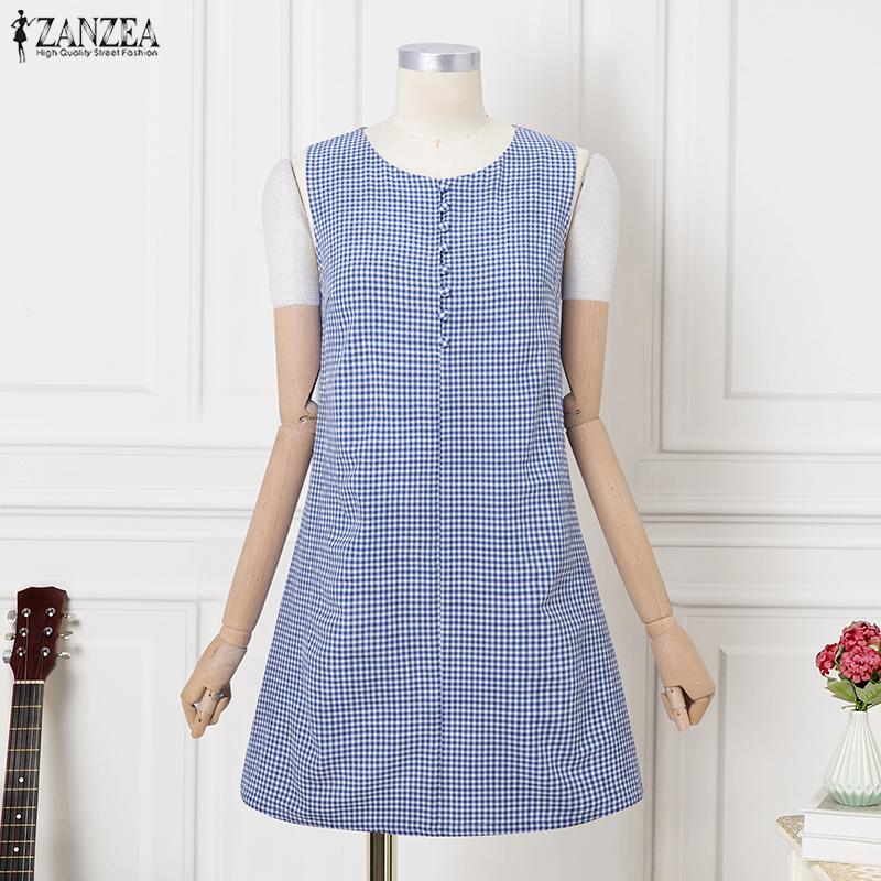 ZANZEA Women Casual Round Neck Summer Plaid Print Sleeveless Dress