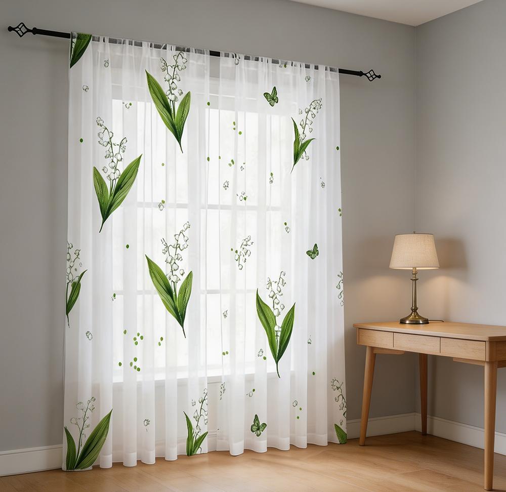 Digital Printing Sheer Curtain, Lily of the Valley Butterfly Pattern, Fresh Spring Natural Botanical Pastoral Decor