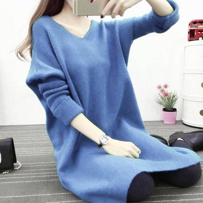 Oversized Women's Loose Bottoming Shirt Autumn and Winter V-neck Mid-length Knit Sweater Pullover Casual Coat