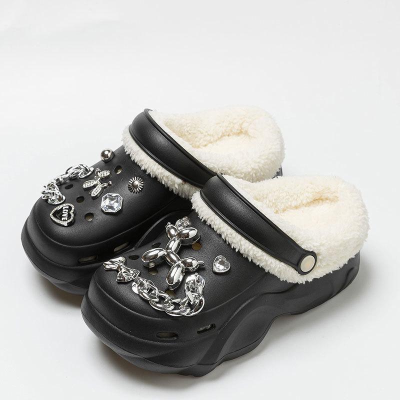 New velvet hole shoes women's winter non-slip outer wear cotton shoes heightened thick-soled home removable cotton slippers
