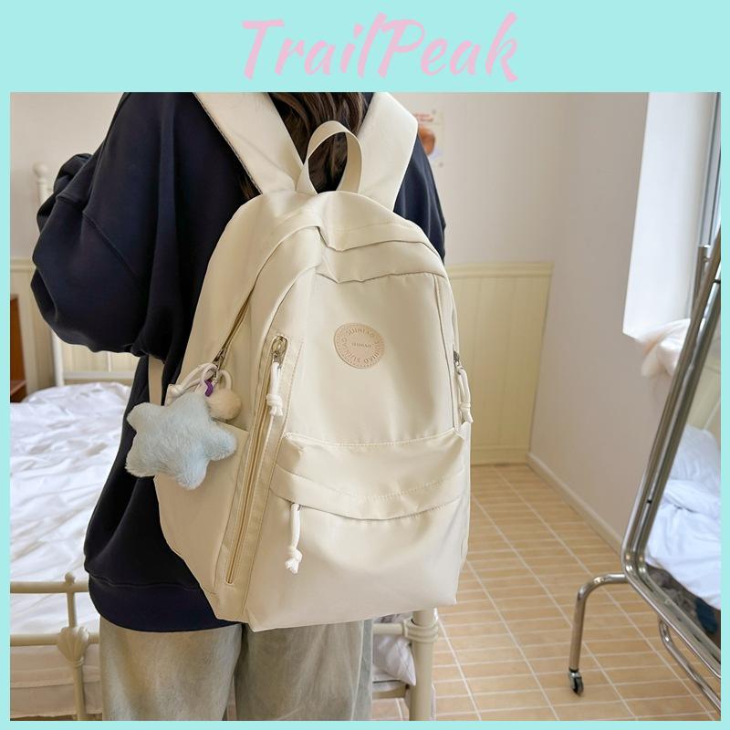 Solid Simple Color Student Lightweight Backpack With Plush Pendant For School