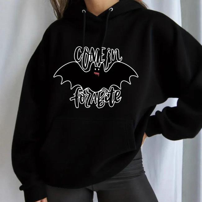 Ladies Spring Autumn Casual Hooded Drawstring Long Sleeve Big Pocket Halloween Bat Printed Pullover Hoodies Sweatshirt Top
