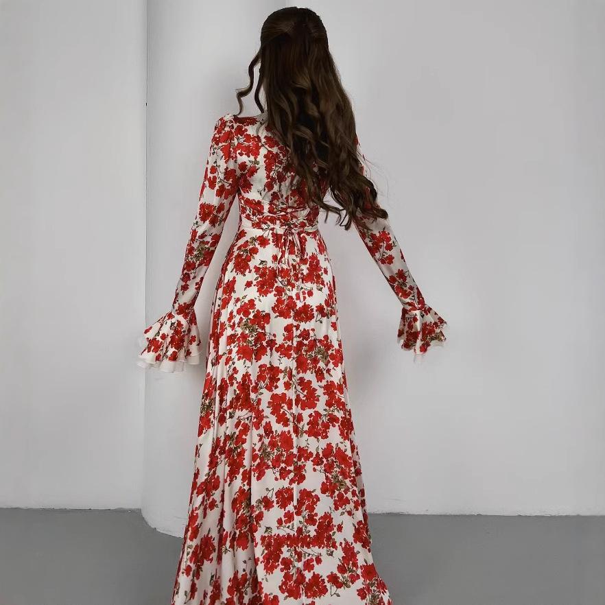 Spring Floral Print French Slimming Tie-Up Dress