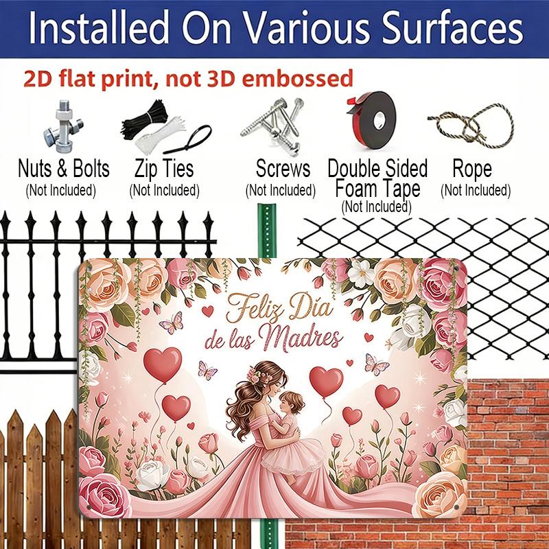 2D Flat, 1pc "Feliz Día De Las Madres" Mother's Day Plaque, 12"×8" - Floral & Mother Child Decor Sign, Pink - Aluminium Wall Hanging Decoration for