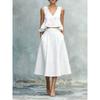 Women's V Neck Sleeveless Linen Two-Piece Set High Waist Pleated Skirt Suit Elegant