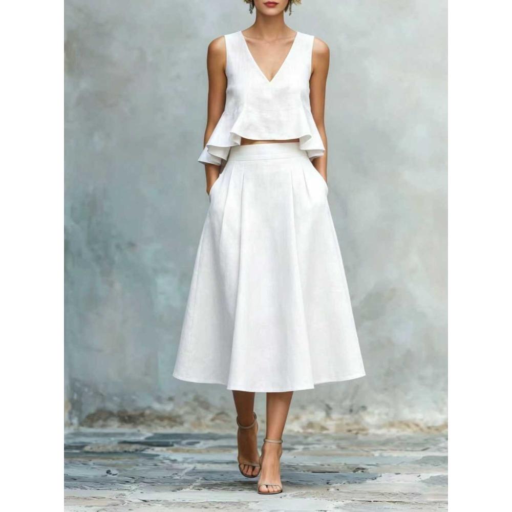 Women's V Neck Sleeveless Linen Two-Piece Set High Waist Pleated Skirt Suit Elegant