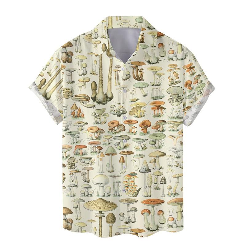 Buntes Hawaiihemd mit Pilz-3D-Druck für Herren, Sommerurlaub, Pflanzen, Strandhemden, Knopfleiste, kurzärmelig, Street-Aloha-Shirt