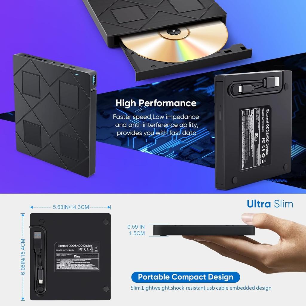 External CD/DVD Drive with 2 USB Ports,2 type-c port and TF/SD Card Slots Portable CD DVD Burner Player for Laptop Desktop PC