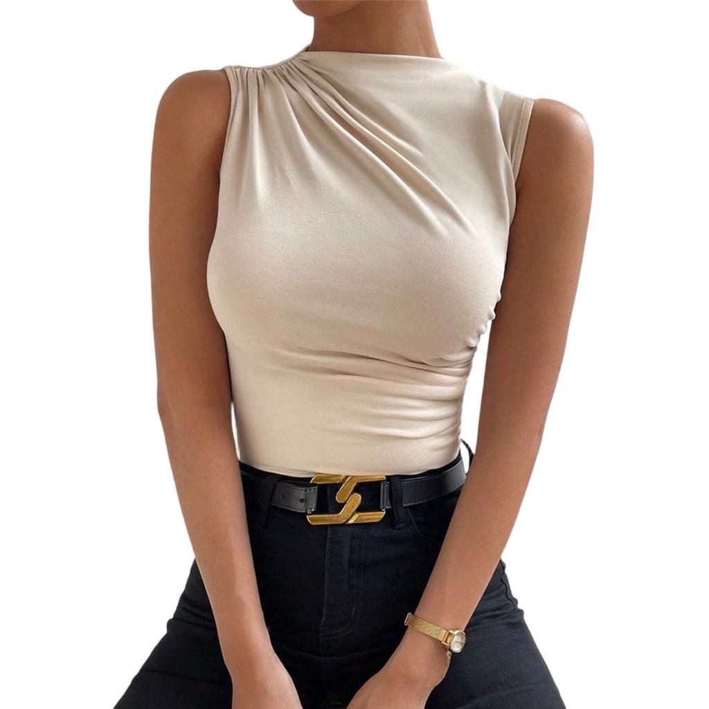 Sleeveless Tops For Women Casual Mock Neck Slim Fitted Ruched Shirts High Neck Summer Shirt Tops