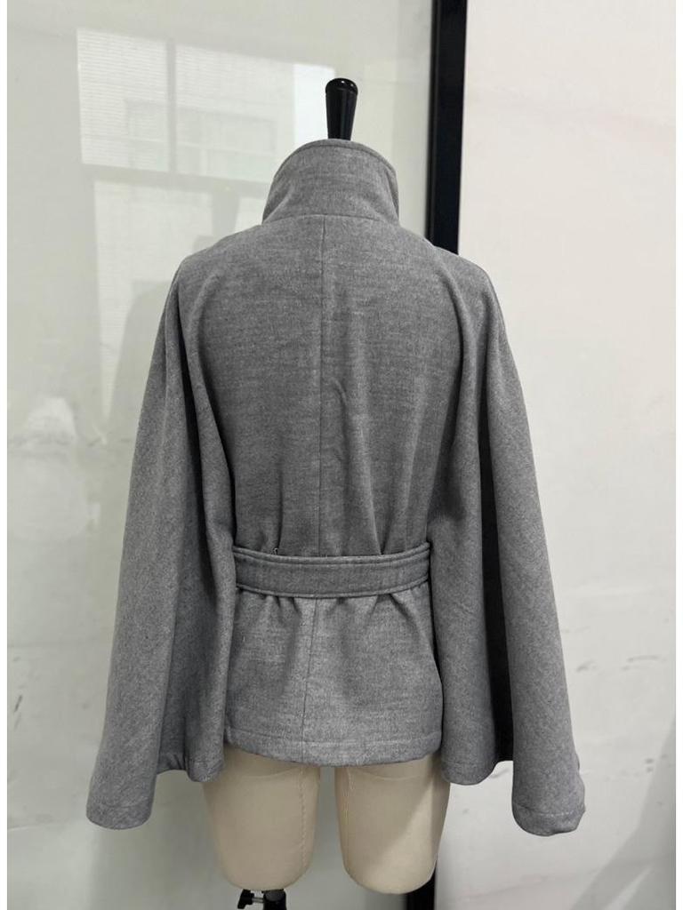 2025 Fall Women's Elegant Stand-up Collar Bell Sleeve Waist-Tie Short Wool Coat