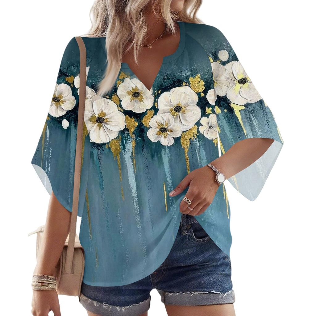 Women's 3/4 Sleeve V Floral Shirt Casual Loose Tunic Top