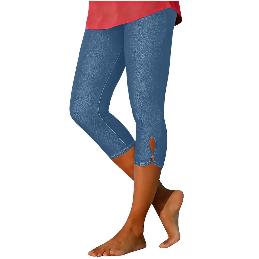 Women's Fashionable Color Bottom Cropped Pants With Hollowed Out Petals And Tight Elastic Imitation Denim Casual Pants