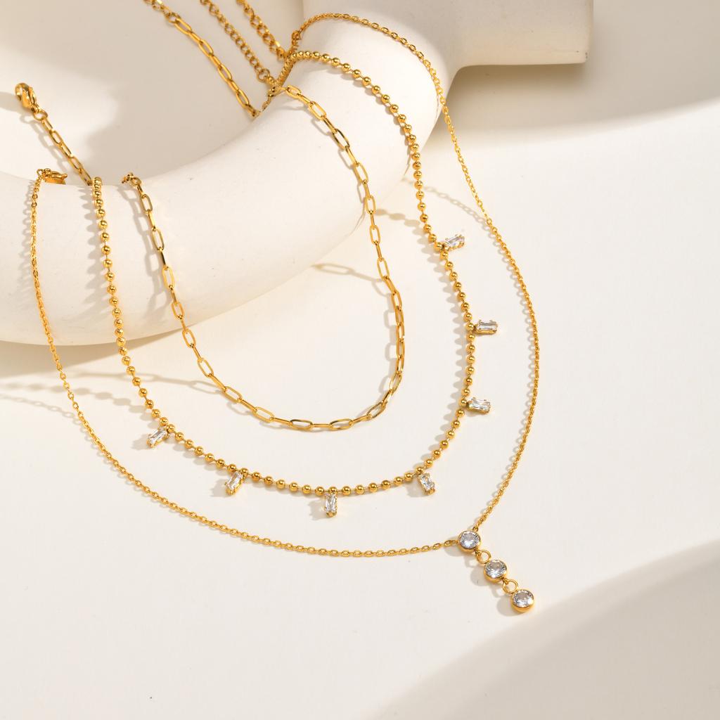 Delicate Zircon Pendant Necklace for Women, Stackable Multi-Layer Stainless Steel Necklace, 18K Gold Plated Fashion Jewelry Set