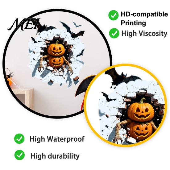 Realistic Crack Effect Wall Decor Halloween Sticker, Pumpkin/Zombie/Werewolf/Clown Print, Waterproof PVC Self-Adhesive Decals, Self Adhesive