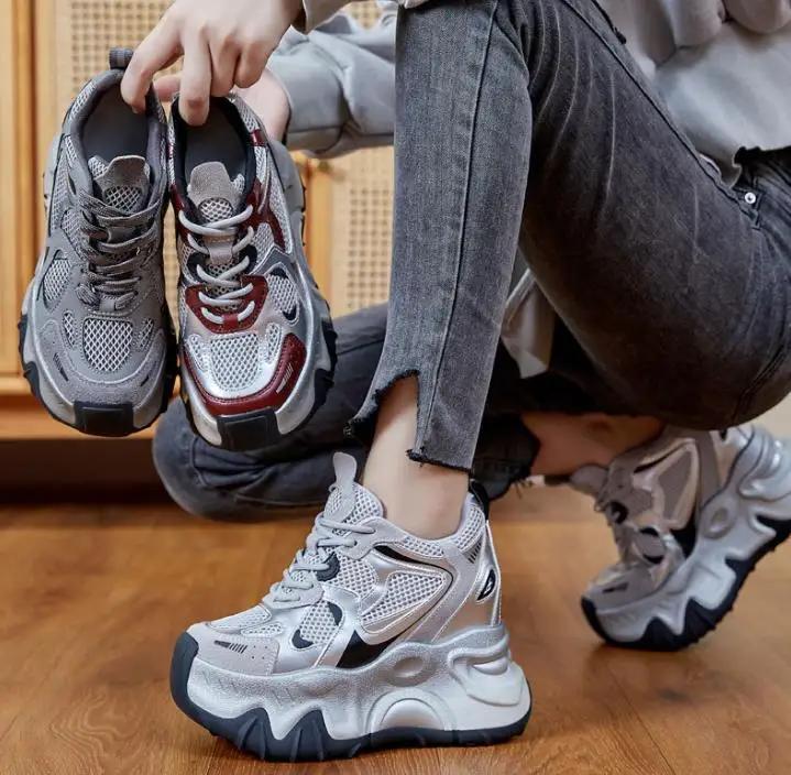 12CM  Air Mesh Microfiber Synthetic Chunky Sneakers Fashion Spring Shoes Leather Ankle Booties Women Vulcanize Boots Autumn