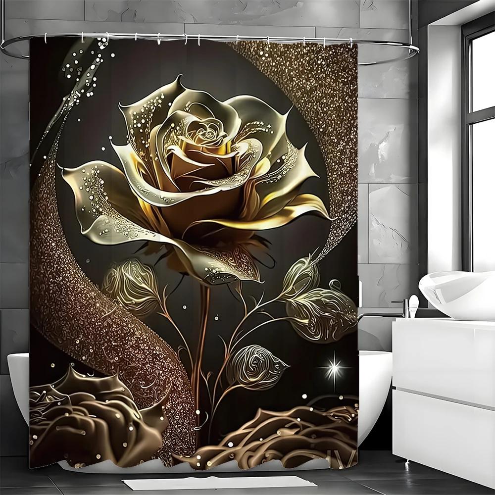 

Golden Rose Занавеска для душа Ванная комната Декоративное растение Цветочная занавеска для душа, Водонепроницаемая занавеска для душа с крючком W90xH180cm