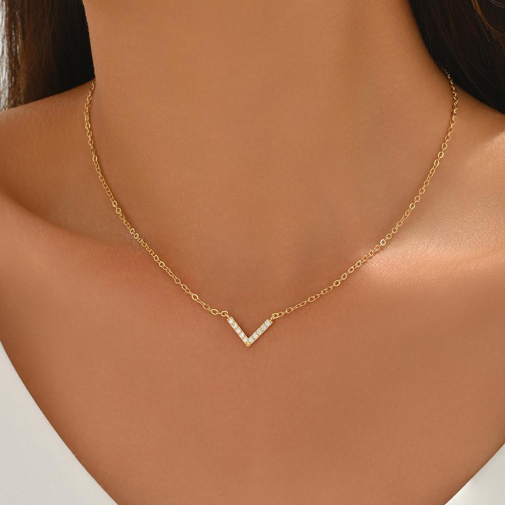 Elegant French V Shaped Necklace Women Gold/Silver Dainty Single/Double Chain CZ Pendant Choker Daily Wear Jewelry