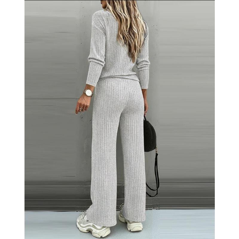 Women Casual Loose Long Sleeve V Neck Knit Two Piece Top Wide Leg Pants Set Autumn Winter