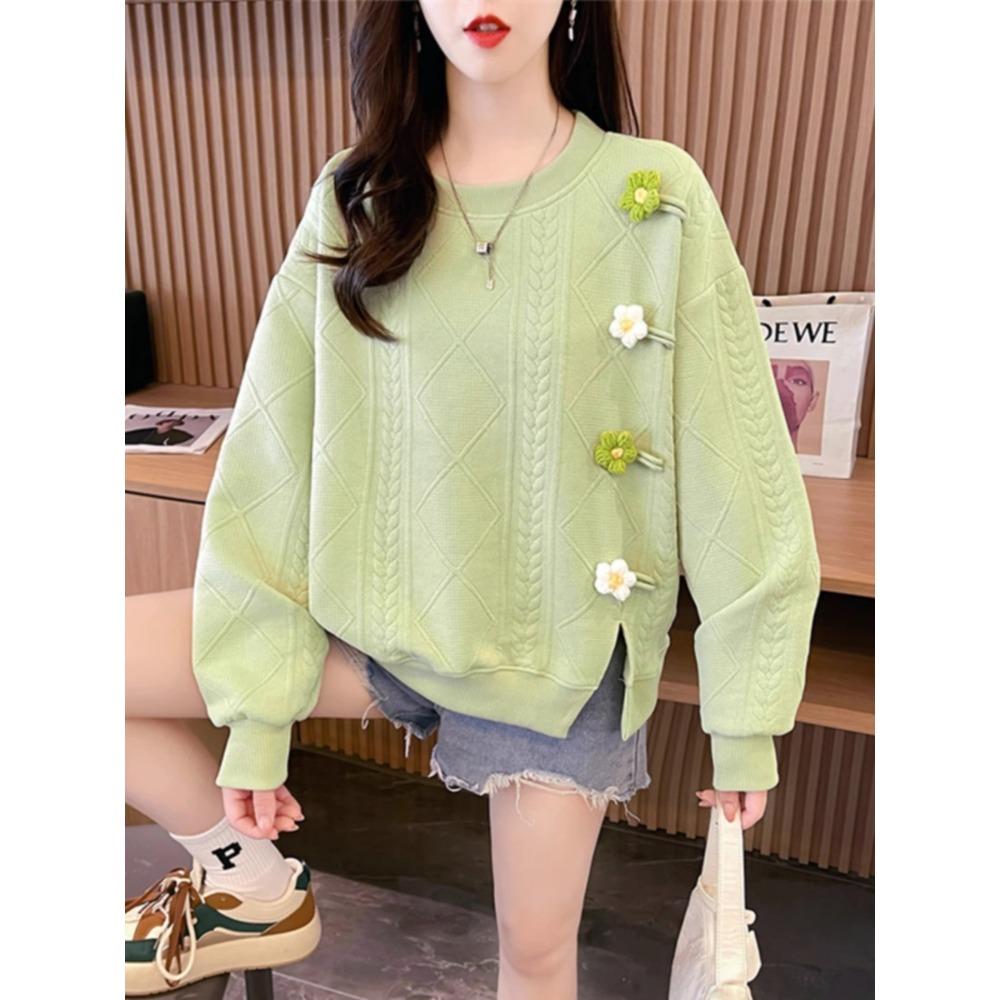 Early Autumn Round Neck Sweatshirt Women Spring and Autumn Korean Style Loose Thin Flower Splicing Retro Sweatshirt Pullover