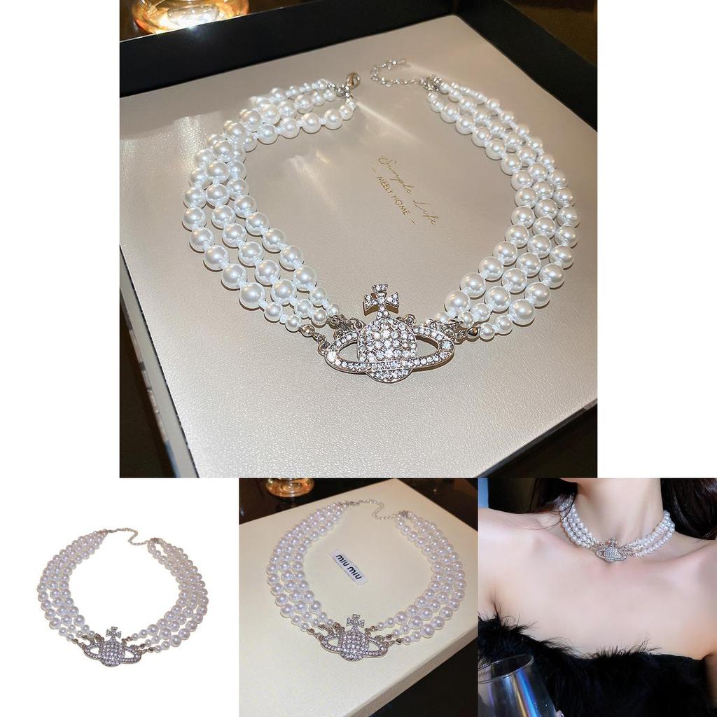 High-end Korean Style Multi-layered Pearl Necklace With Saturn Pendant