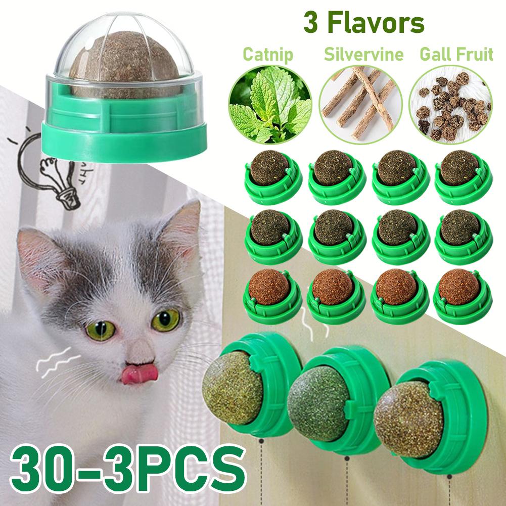 3-30pcs Cat Catnip Toys Cat Rotatable Licking Catnip Wall Ball 3 Flavors Freshen Breath Remove Hair Balls Snacks Pet Supplies