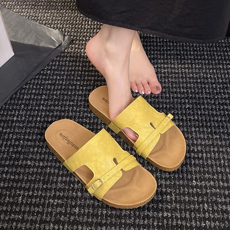 Damen-Schuhe mit flachem Boden, quadratischer französischer Spitze, offenem Zehenbereich, coole Hausschuhe, neuer Sommer, dicksohlige Mode-Flip-Flops