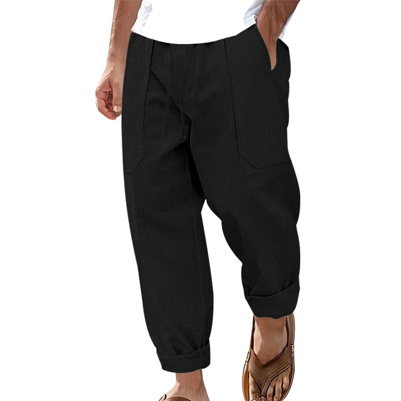 Men's cotton linen plus size trousers breathable sweat solid colour trousers basic paragraph casual wide-legged trousers man