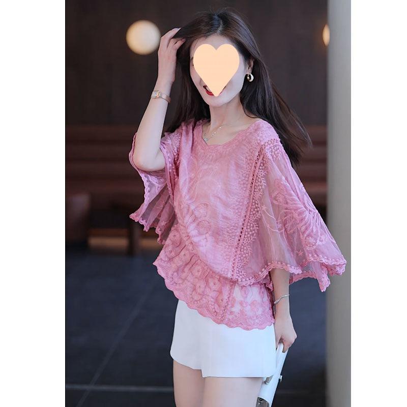 Flower Half Sleeve Shirt Women Elegant Fashion Chiffon Blouse Summer Cotton Edge Lace O Neck Loose Shirt