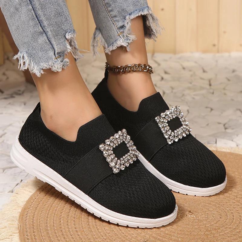 Fashion Rhinestone Mesh Knitted Loafers for Women Mesh Breathable Slip-On Casual Flats Woman 2025 Autumn Soft Sole Walking Shoes Ladies
