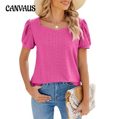 Dames Zomer Vierkante Hals Effen Kleur Korte Mouw Patchwork Casual T-shirt Top