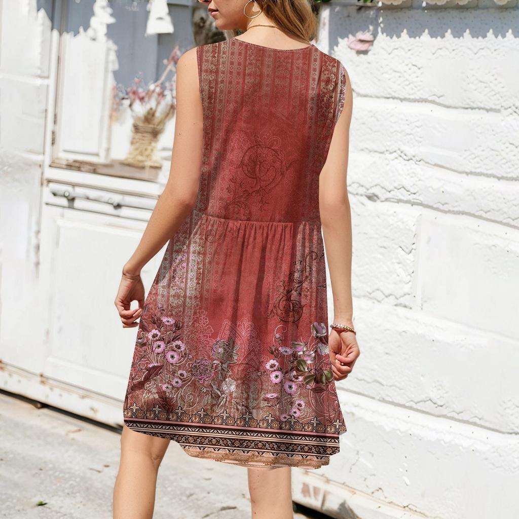 Women Summer Dresses Sleeveless Casual Loose Swing Button Down Midi Sundress With Pockets