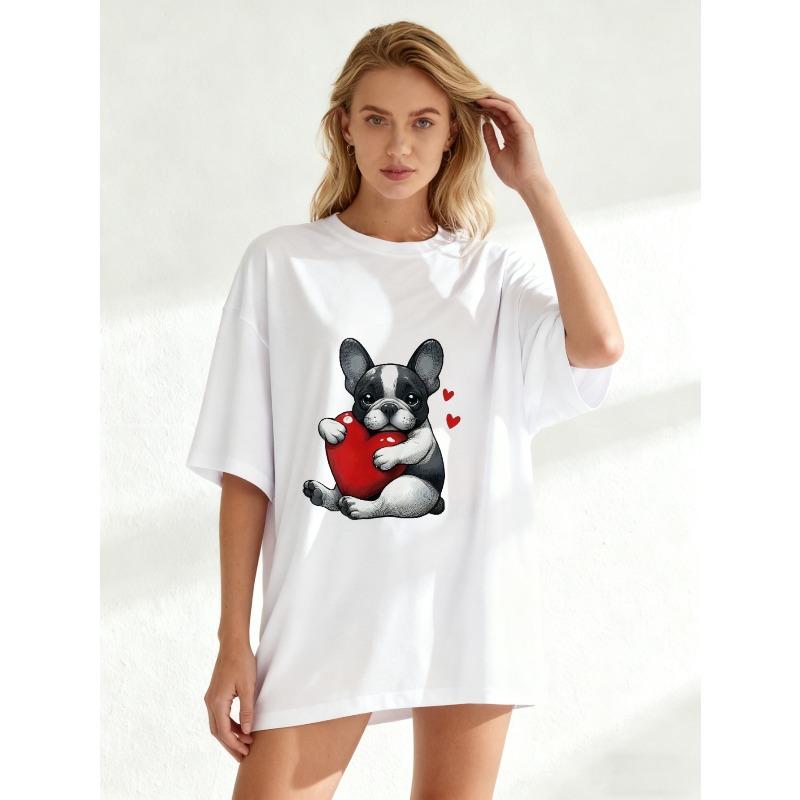 Oversized T Shirt Black French Bulldog Holding Heart Print Casual Wear For Women And Girls Summer Outfit Cute Animal Design Valentine Day Gift Idea