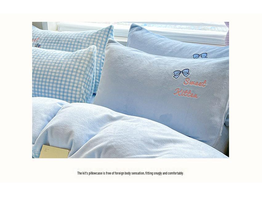 Korean Cartoon Applique Velvet Bedding Set - 4-Piece Warm Dorm Decor for Fall & Winter