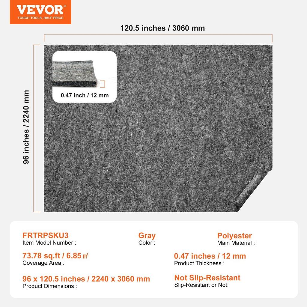 Rug Pad Gripper 8' x 10' Protective Carpet Pad 0.47" Thick for All Floors
