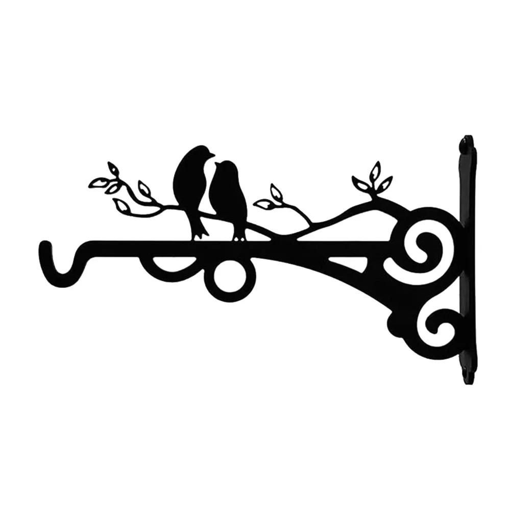 Bird Pattern Flower Basket Holder Wall Mounted Metal Bracket Hanger Rustic Style Wide Base for Outdoor Indoor Garden Yard Street