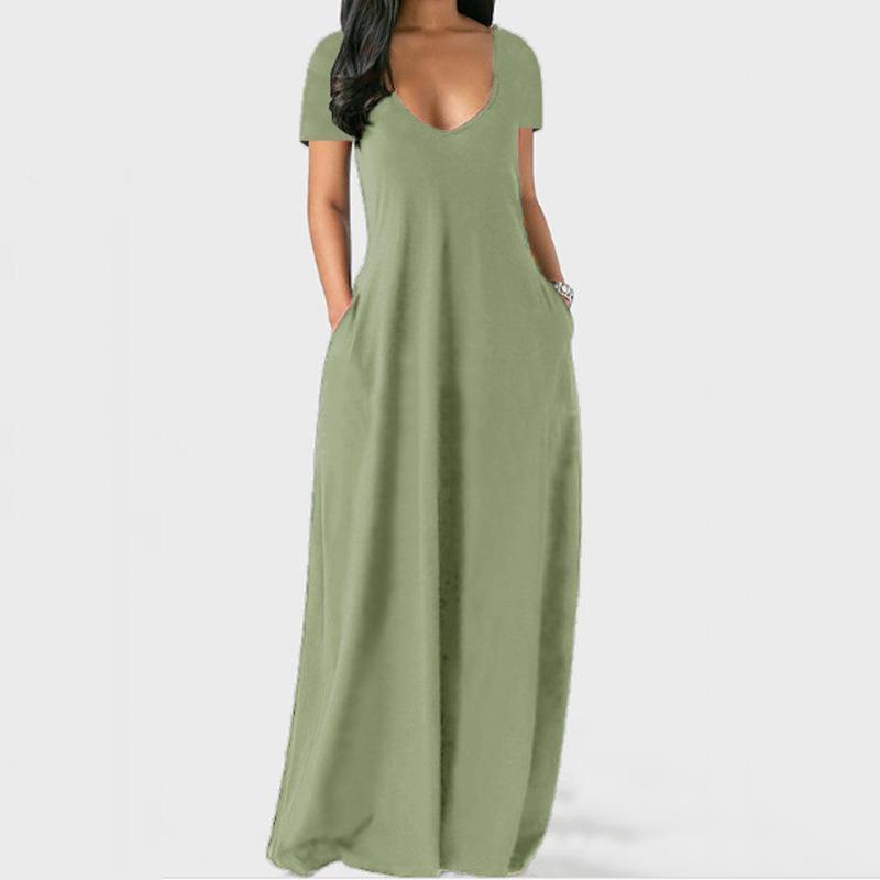 QICED Fashion Summer Spring Solid Color Print Short Sleeve U-Neck Casual Dresses Unique design