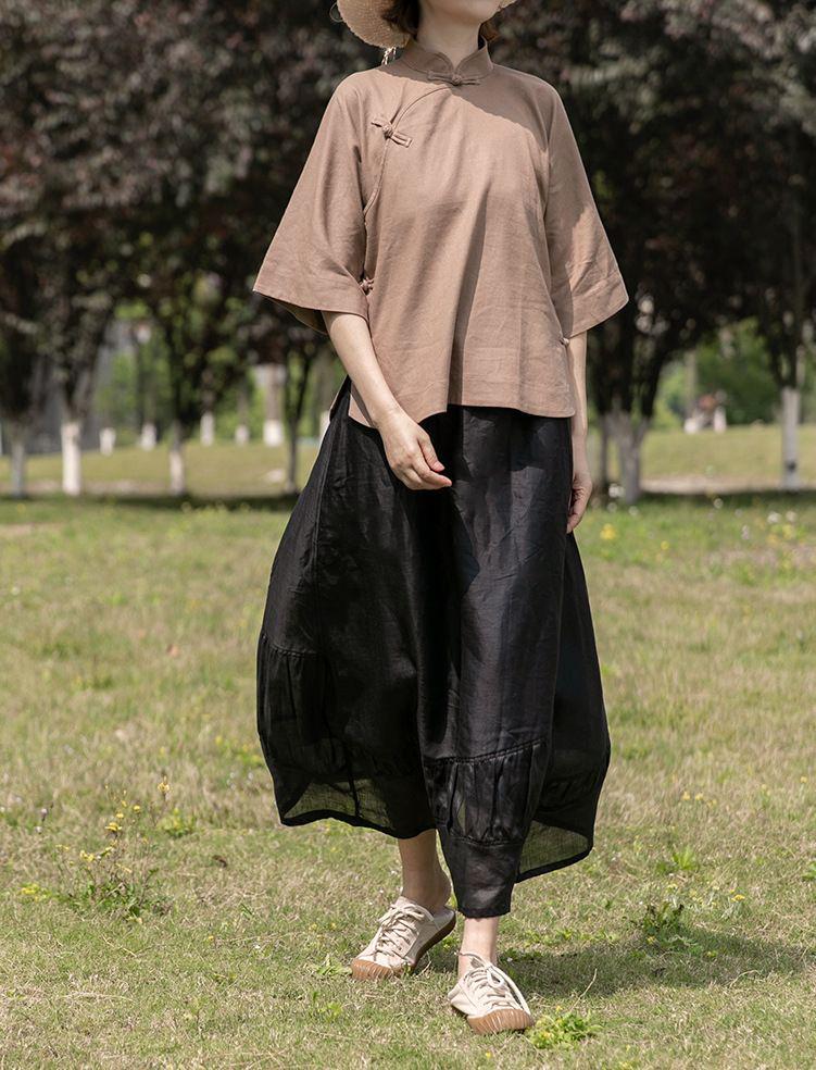 Elegantes Sommerhemd für Damen im Retro-Chinesischen Stil mit Stehkragen und Froschknöpfen, Mittellanges Baumwoll-Leinen-Oberteil.