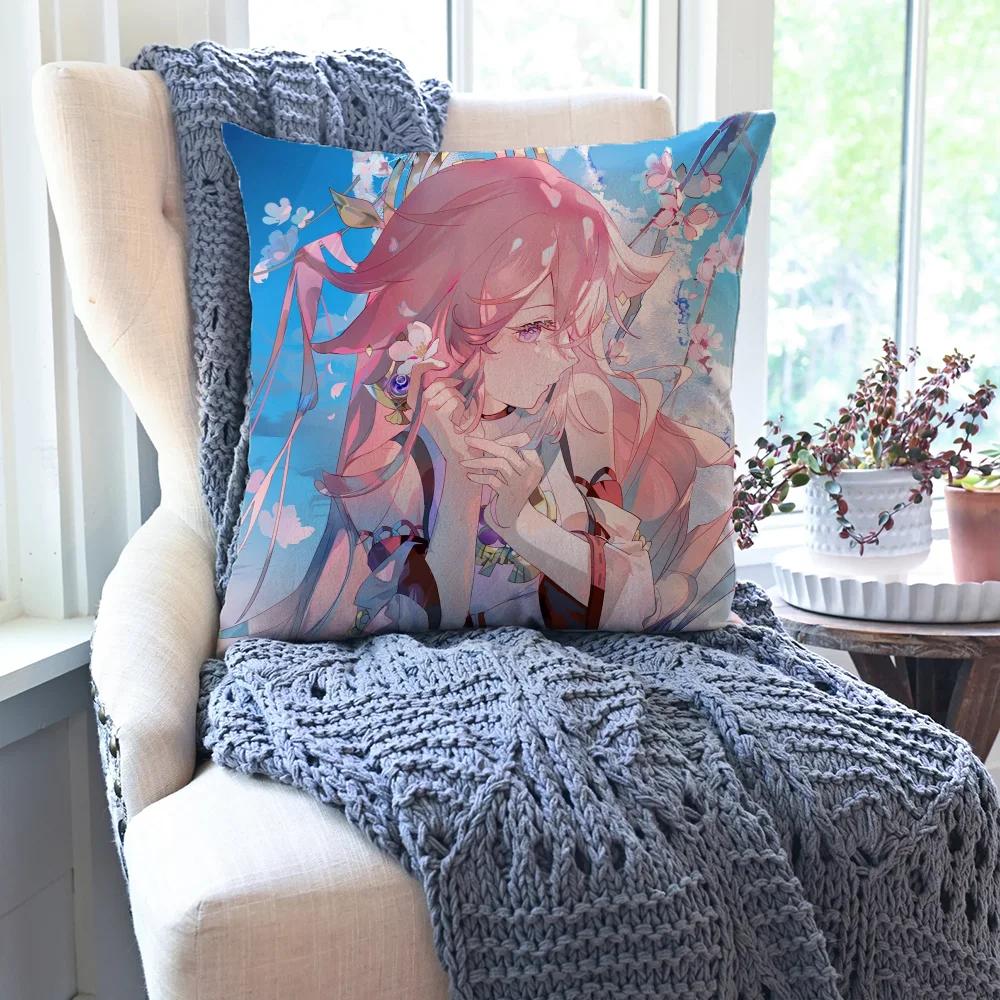 Yae Miko Animation Game G-Genshin I-Impact Pillow Case Square Pillow Bedroom Sofa Leisure Car Living Room Home Decoration 40X40