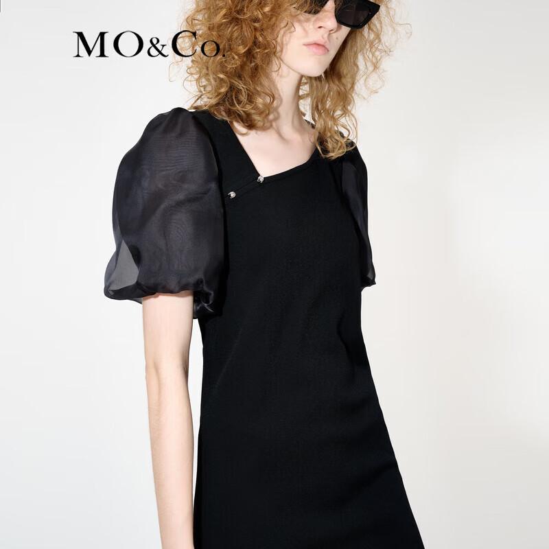 MO&Co. Chinese Style Diagonal Placket Puff Sleeve Knit Dress