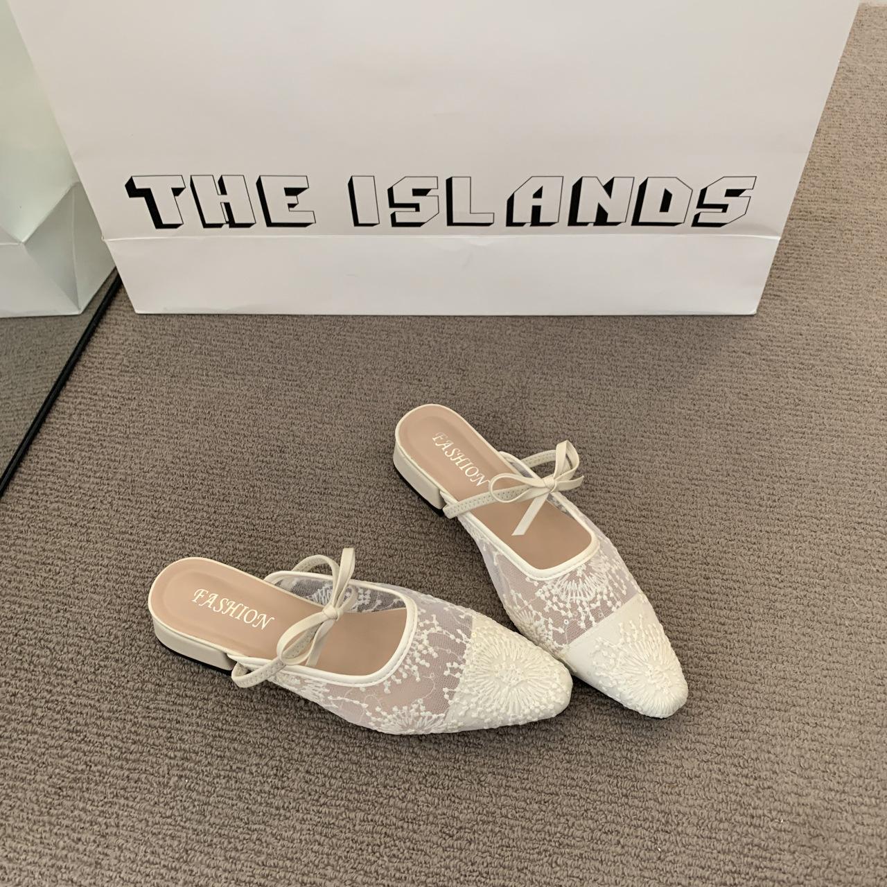 

Gentle lace square head bow high heels women s outer wear bag head half slippers niche light mouth muller cool slippers 40 абрикосовий