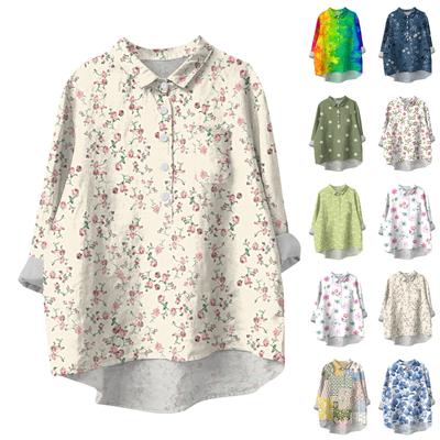 Women's Shirt Blouse Long-sleeved With Buttons Print Casual Hem Irregular Shirt Collar Top